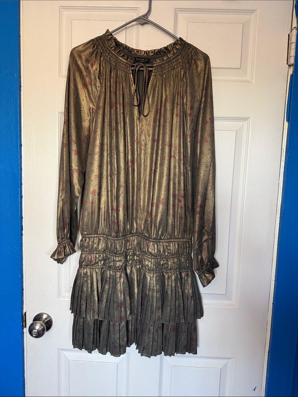 Current Air Olive Metallic Tie-Neck Smocked Dress